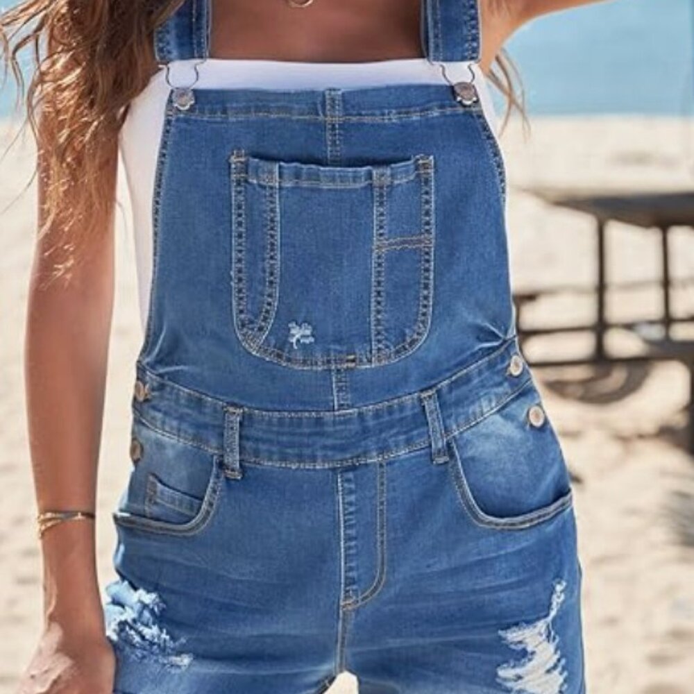 Women's Ripped Denim Shortalls Adjustable Straps Bib Overall Jean Shorts